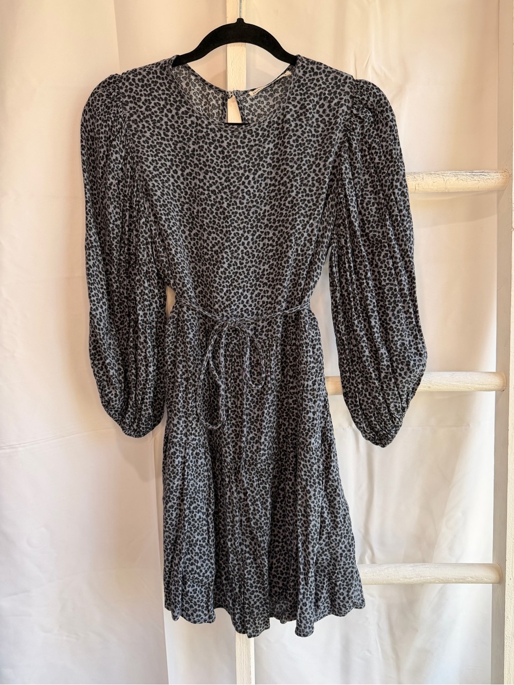 Abercrombie & Fitch Black and Gray Leopard Long Sleeve Tie-Waist Dress